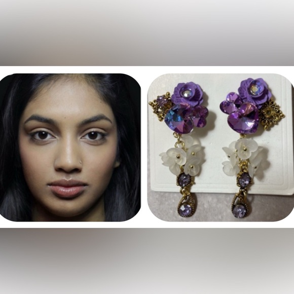 Flower Crystal Purple Dangle Earrings - Picture 3 of 13